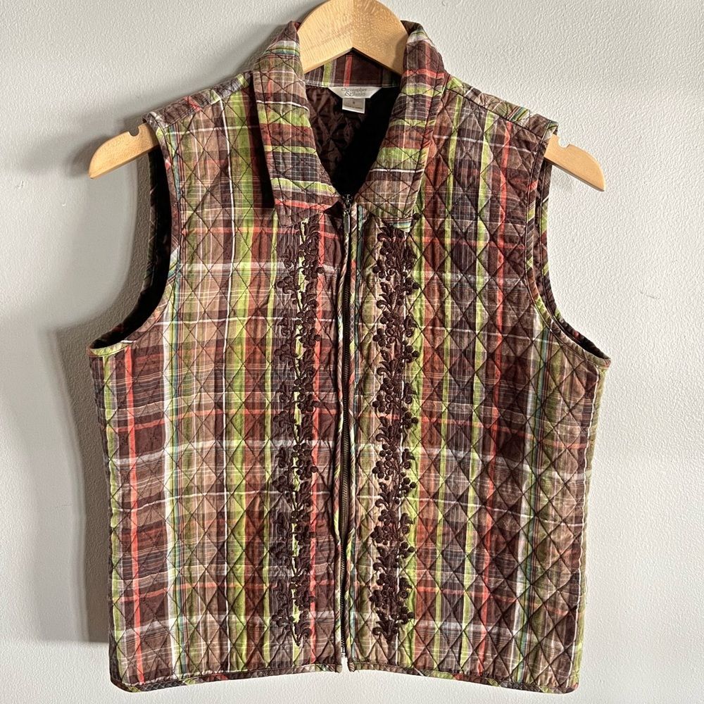 Christopher & Banks Quilted Plaid Embroidered Vest Brown Green Size S